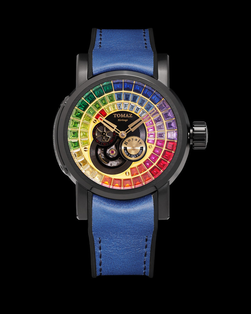 King TW036-D4 (Black/Gold) with Rainbow Zirconia Crystal (Blue Silicone with Leather Strap)