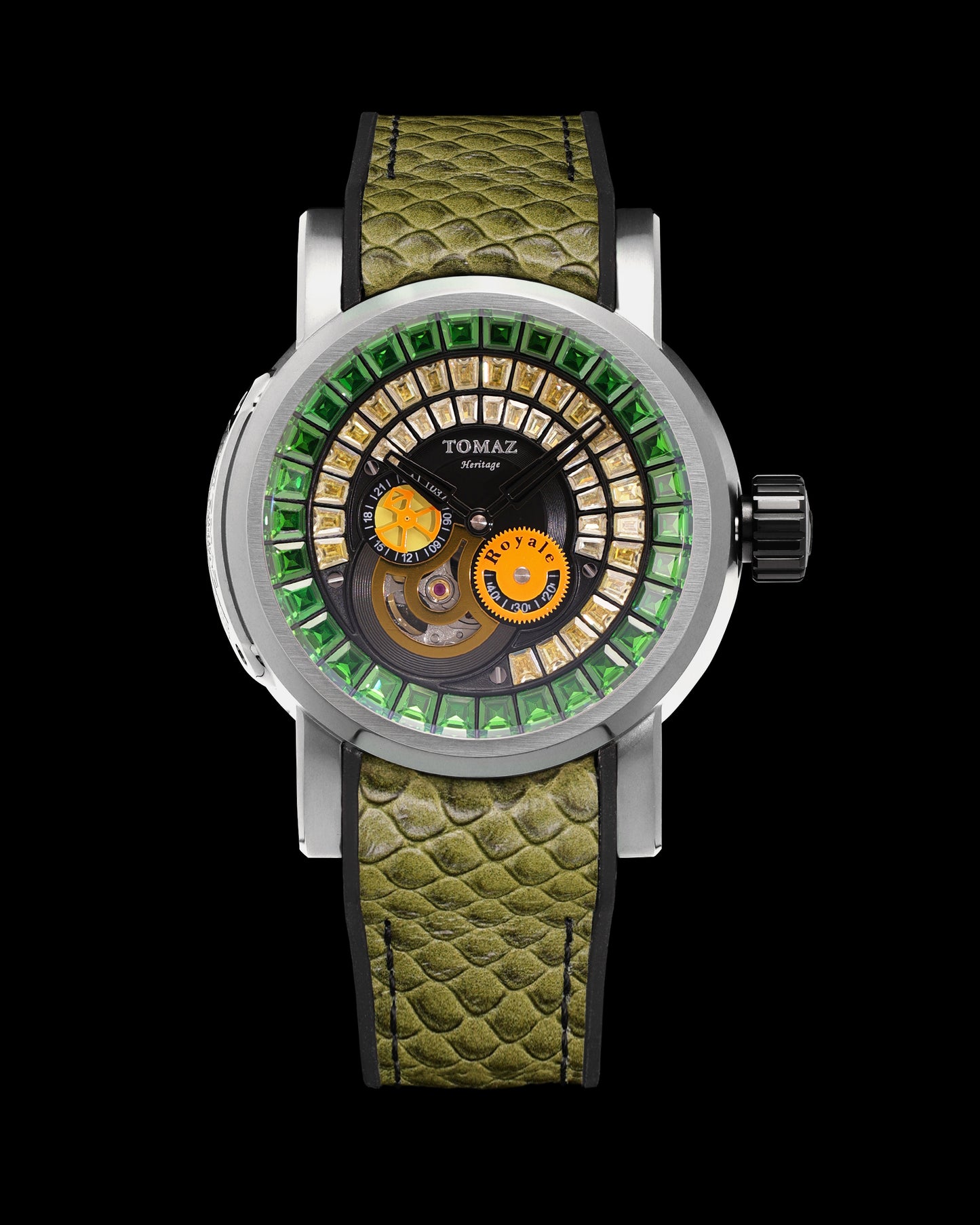 King TW036-D5 (Silver/Black) with Green Yellow  Zirconia Crystal (Green Silicone with Leather Strap)
