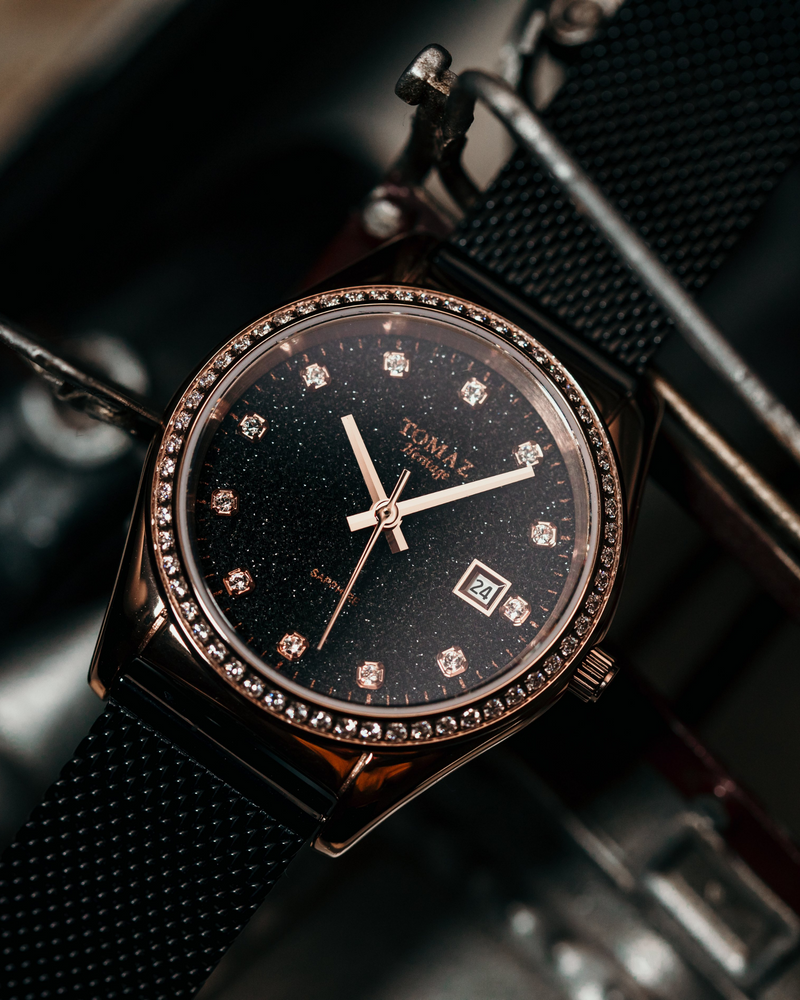 Tomaz Ladies Watch TQ017L-D3A Stardust (Black) with Swarovski (Black Mesh Strap))