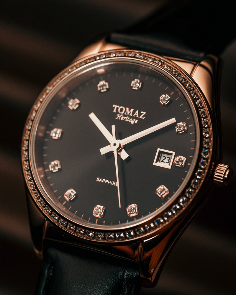 Tomaz Ladies Watch TQ017L-D4 (Rosegold/Black) with Swarovski (Black Leather Strap)
